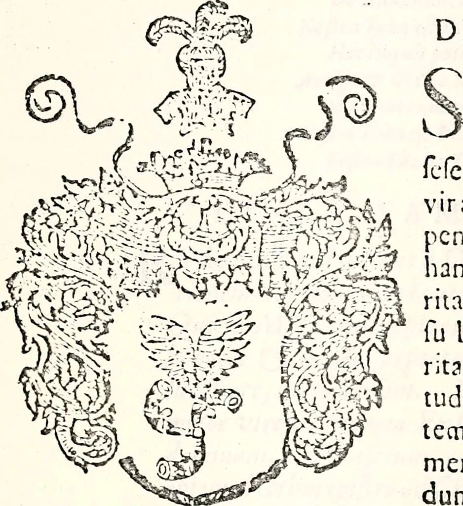 An illustration from Orbis Polonvs, splendoribus caeli: Triumphis mundi: pulchritudine animantium: decore aquatilium: naturae excellentia reptilium, condecoratvs. In qvo antiqva Sarmatarvm gentilitia, pervetvstae nobilitatis polonae insignia, vetera & noua indigenatus meritorum praemia & arma, specificantur & relucent. Nunc primum, vt Latinitati consecratus, ita claritate & veritate perspicuus, 1641, leaf 480