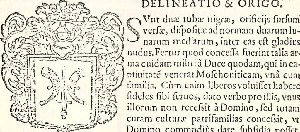 An illustration from Orbis Polonvs, splendoribus caeli: Triumphis mundi: pulchritudine animantium: decore aquatilium: naturae excellentia reptilium, condecoratvs. In qvo antiqva Sarmatarvm gentilitia, pervetvstae nobilitatis polonae insignia, vetera & noua indigenatus meritorum praemia & arma, specificantur & relucent. Nunc primum, vt Latinitati consecratus, ita claritate & veritate perspicuus, 1641, leaf 486