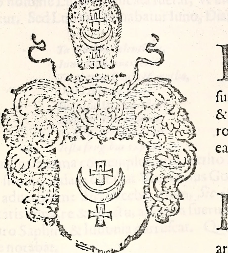 An illustration from Orbis Polonvs, splendoribus caeli: Triumphis mundi: pulchritudine animantium: decore aquatilium: naturae excellentia reptilium, condecoratvs. In qvo antiqva Sarmatarvm gentilitia, pervetvstae nobilitatis polonae insignia, vetera & noua indigenatus meritorum praemia & arma, specificantur & relucent. Nunc primum, vt Latinitati consecratus, ita claritate & veritate perspicuus, 1641, leaf 498