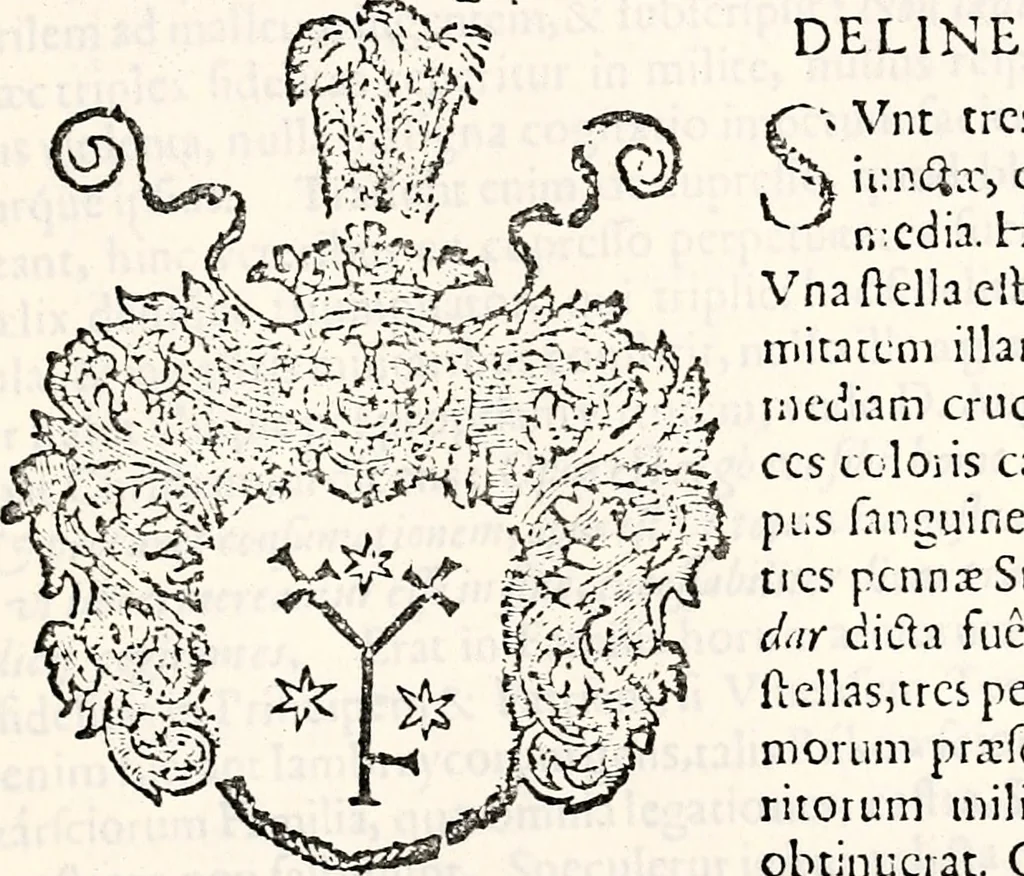 An illustration from Orbis Polonvs, splendoribus caeli: Triumphis mundi: pulchritudine animantium: decore aquatilium: naturae excellentia reptilium, condecoratvs. In qvo antiqva Sarmatarvm gentilitia, pervetvstae nobilitatis polonae insignia, vetera & noua indigenatus meritorum praemia & arma, specificantur & relucent. Nunc primum, vt Latinitati consecratus, ita claritate & veritate perspicuus, 1641, leaf 514