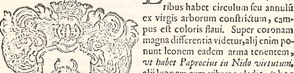 An illustration from Orbis Polonvs, splendoribus caeli: Triumphis mundi: pulchritudine animantium: decore aquatilium: naturae excellentia reptilium, condecoratvs. In qvo antiqva Sarmatarvm gentilitia, pervetvstae nobilitatis polonae insignia, vetera & noua indigenatus meritorum praemia & arma, specificantur & relucent. Nunc primum, vt Latinitati consecratus, ita claritate & veritate perspicuus, 1641, leaf 596
