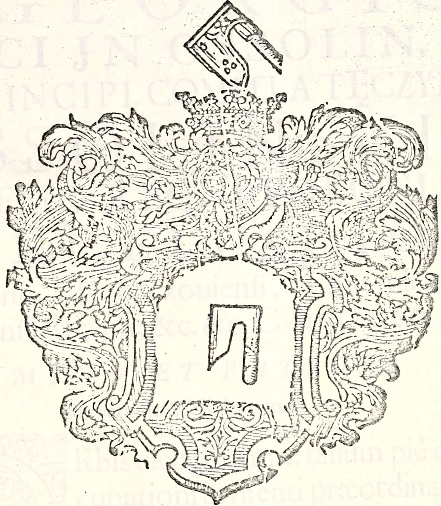 An illustration from Orbis Polonvs, splendoribus caeli: Triumphis mundi: pulchritudine animantium: decore aquatilium: naturae excellentia reptilium, condecoratvs. In qvo antiqva Sarmatarvm gentilitia, pervetvstae nobilitatis polonae insignia, vetera & noua indigenatus meritorum praemia & arma, specificantur & relucent. Nunc primum, vt Latinitati consecratus, ita claritate & veritate perspicuus, 1641, leaf 6