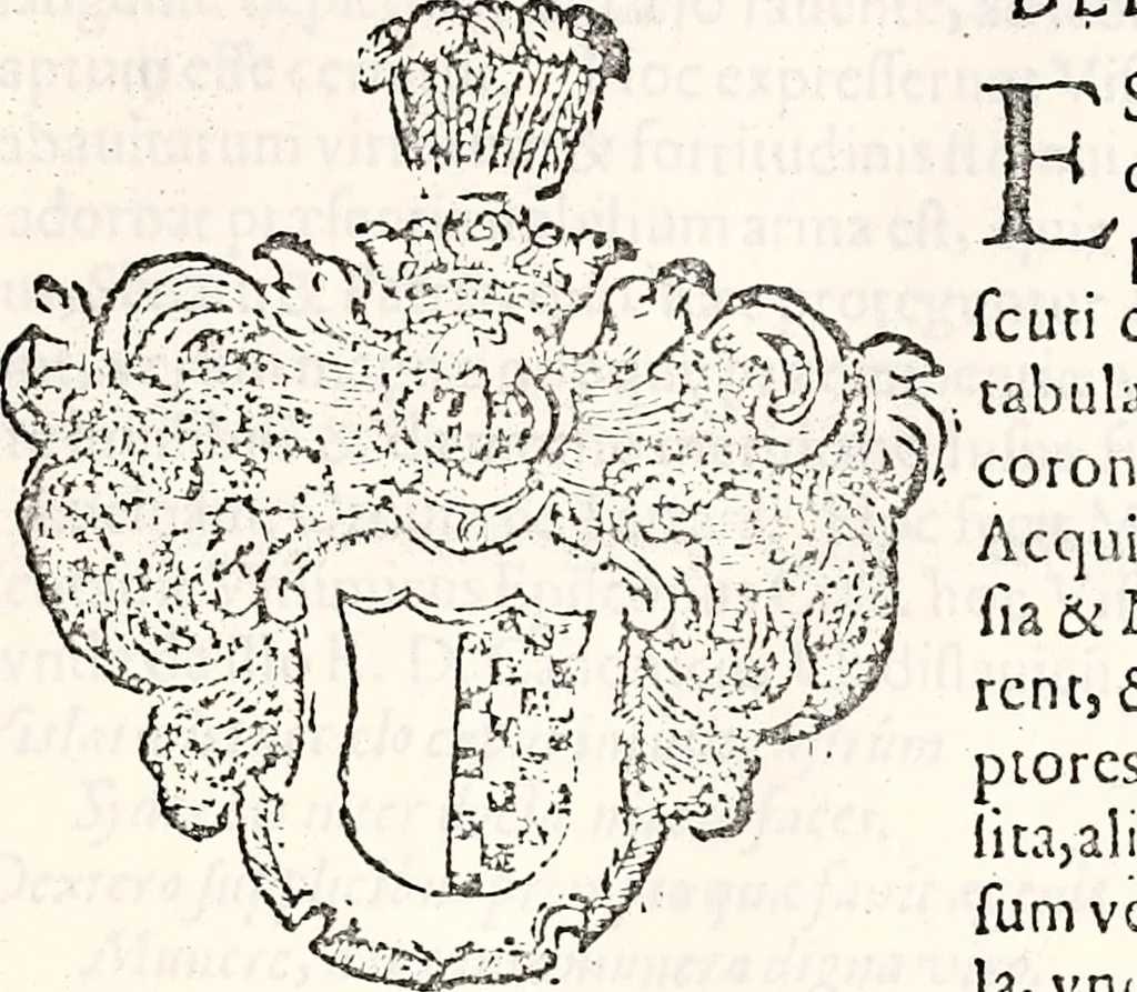 An illustration from Orbis Polonvs, splendoribus caeli: Triumphis mundi: pulchritudine animantium: decore aquatilium: naturae excellentia reptilium, condecoratvs. In qvo antiqva Sarmatarvm gentilitia, pervetvstae nobilitatis polonae insignia, vetera & noua indigenatus meritorum praemia & arma, specificantur & relucent. Nunc primum, vt Latinitati consecratus, ita claritate & veritate perspicuus, 1641, leaf 642