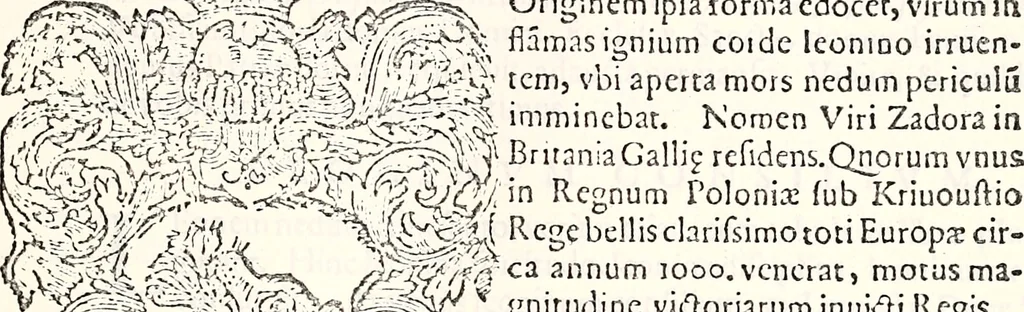 An illustration from Orbis Polonvs, splendoribus caeli: Triumphis mundi: pulchritudine animantium: decore aquatilium: naturae excellentia reptilium, condecoratvs. In qvo antiqva Sarmatarvm gentilitia, pervetvstae nobilitatis polonae insignia, vetera & noua indigenatus meritorum praemia & arma, specificantur & relucent. Nunc primum, vt Latinitati consecratus, ita claritate & veritate perspicuus, 1641, leaf 648