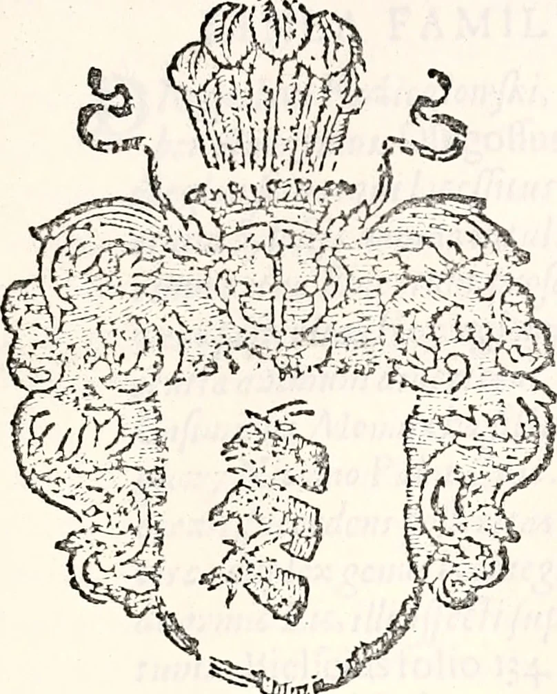 An illustration from Orbis Polonvs, splendoribus caeli: Triumphis mundi: pulchritudine animantium: decore aquatilium: naturae excellentia reptilium, condecoratvs. In qvo antiqva Sarmatarvm gentilitia, pervetvstae nobilitatis polonae insignia, vetera & noua indigenatus meritorum praemia & arma, specificantur & relucent. Nunc primum, vt Latinitati consecratus, ita claritate & veritate perspicuus, 1641, leaf 684