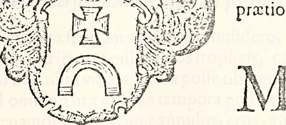 An illustration from Orbis Polonvs, splendoribus caeli: Triumphis mundi: pulchritudine animantium: decore aquatilium: naturae excellentia reptilium, condecoratvs. In qvo antiqva Sarmatarvm gentilitia, pervetvstae nobilitatis polonae insignia, vetera & noua indigenatus meritorum praemia & arma, specificantur & relucent. Nunc primum, vt Latinitati consecratus, ita claritate & veritate perspicuus, 1641, leaf 690