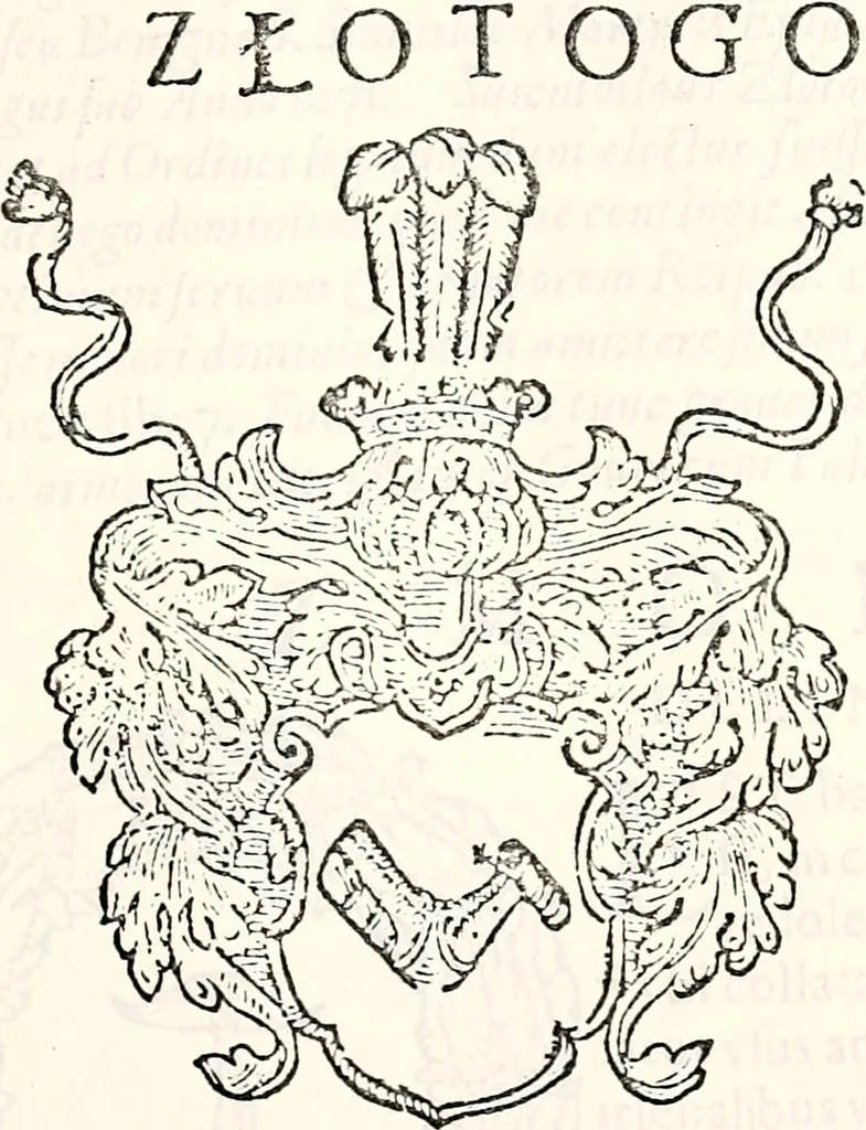 An illustration from Orbis Polonvs, splendoribus caeli: Triumphis mundi: pulchritudine animantium: decore aquatilium: naturae excellentia reptilium, condecoratvs. In qvo antiqva Sarmatarvm gentilitia, pervetvstae nobilitatis polonae insignia, vetera & noua indigenatus meritorum praemia & arma, specificantur & relucent. Nunc primum, vt Latinitati consecratus, ita claritate & veritate perspicuus, 1641, leaf 706