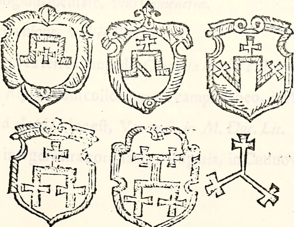 An illustration from Orbis Polonvs, splendoribus caeli: Triumphis mundi: pulchritudine animantium: decore aquatilium: naturae excellentia reptilium, condecoratvs. In qvo antiqva Sarmatarvm gentilitia, pervetvstae nobilitatis polonae insignia, vetera & noua indigenatus meritorum praemia & arma, specificantur & relucent. Nunc primum, vt Latinitati consecratus, ita claritate & veritate perspicuus, 1641, leaf 730