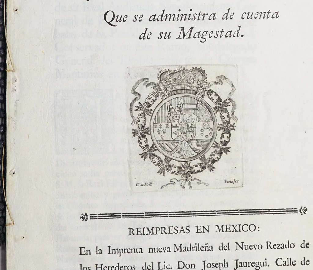 An illustration from Ordenanzas de la Real Renta de los Naypes para éste reyno de Nueva España, y provincias de su comprension. : Que se administra de cuenta de Su Magestad., 1787, leaf 1