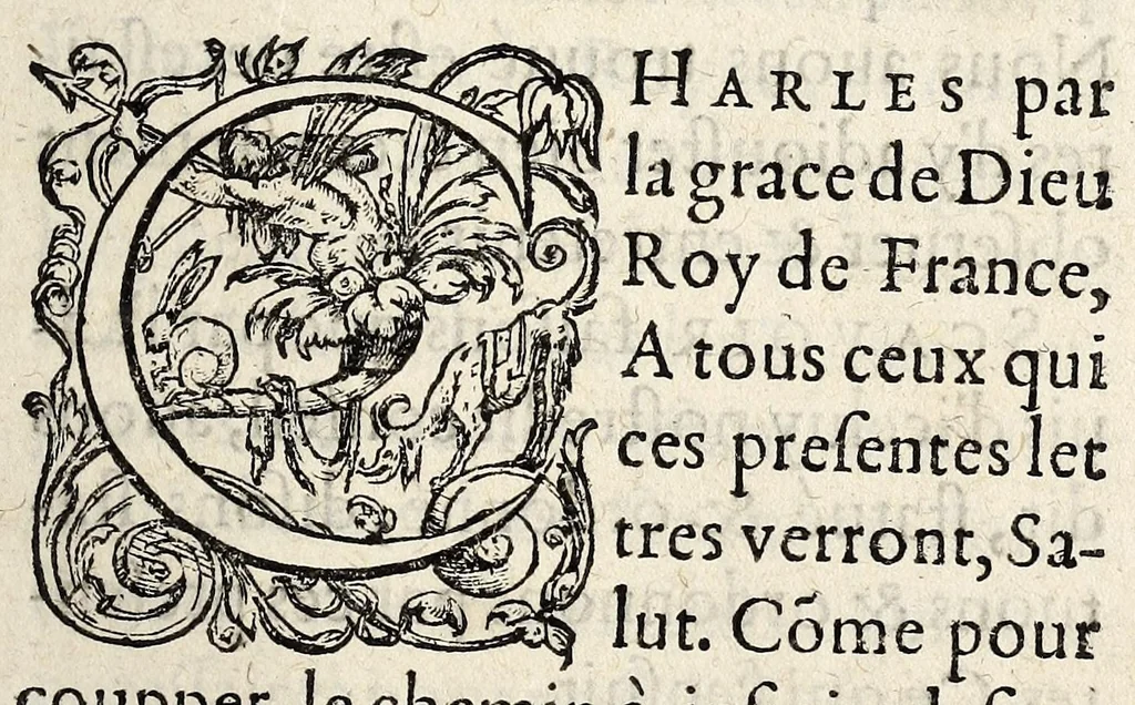 An illustration from Ordonnance generalle faicte par le Roy, pour la police & reglement de la suitte de sa Court, publiée à Villiers-Costerez à son de trompe & cry public, le trentiesme & penultiesme iour de Decembre, mille cinq cens soixante & dix., 1571, leaf 3