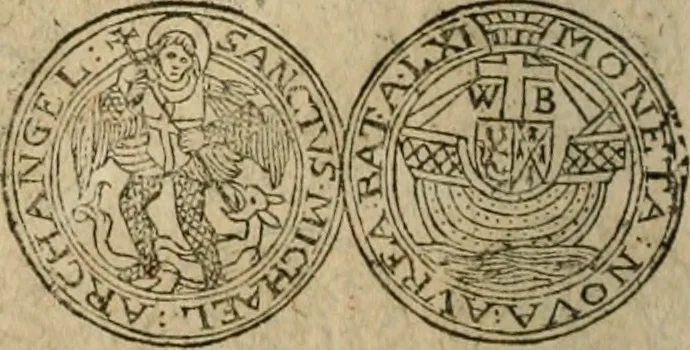 An illustration from Ordonnancie ende instructie naer de welcke voort-aen hen moeten reguleren die ghesworen wisselaers ofte collecteurs vande goude ende silvere penningen, wesende verboden, gheschroyt, te licht oft te seer versleten, ende oversulex verclaert ende ghehouden voor billoen, daer toe geoommitteert om de selve te leveren inde munten van Sijne Majesteyt, ende al daer bekeert te worden in penninghen van hunnen slaghe, 1633, leaf 103