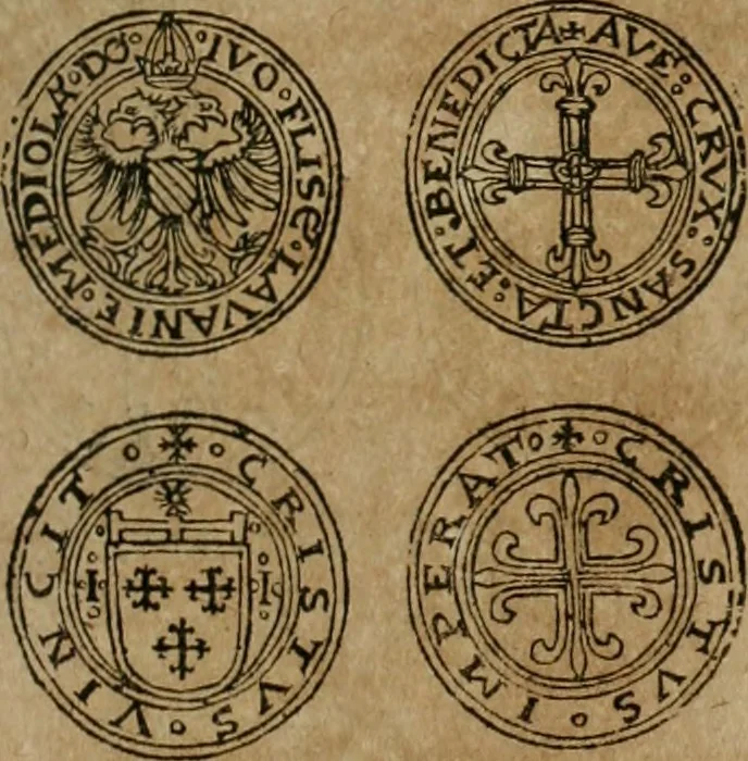 An illustration from Ordonnancie ende instructie naer de welcke voort-aen hen moeten reguleren die ghesworen wisselaers ofte collecteurs vande goude ende silvere penningen, wesende verboden, gheschroyt, te licht oft te seer versleten, ende oversulex verclaert ende ghehouden voor billoen, daer toe geoommitteert om de selve te leveren inde munten van Sijne Majesteyt, ende al daer bekeert te worden in penninghen van hunnen slaghe, 1633, leaf 104