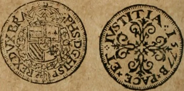 An illustration from Ordonnancie ende instructie naer de welcke voort-aen hen moeten reguleren die ghesworen wisselaers ofte collecteurs vande goude ende silvere penningen, wesende verboden, gheschroyt, te licht oft te seer versleten, ende oversulex verclaert ende ghehouden voor billoen, daer toe geoommitteert om de selve te leveren inde munten van Sijne Majesteyt, ende al daer bekeert te worden in penninghen van hunnen slaghe, 1633, leaf 107