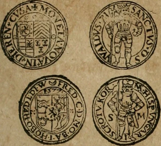 An illustration from Ordonnancie ende instructie naer de welcke voort-aen hen moeten reguleren die ghesworen wisselaers ofte collecteurs vande goude ende silvere penningen, wesende verboden, gheschroyt, te licht oft te seer versleten, ende oversulex verclaert ende ghehouden voor billoen, daer toe geoommitteert om de selve te leveren inde munten van Sijne Majesteyt, ende al daer bekeert te worden in penninghen van hunnen slaghe, 1633, leaf 108