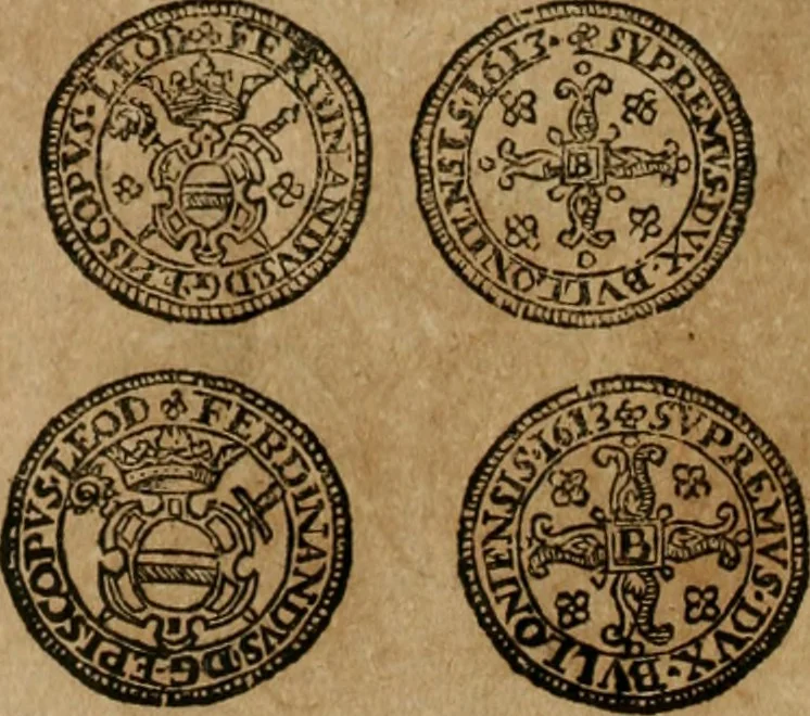 An illustration from Ordonnancie ende instructie naer de welcke voort-aen hen moeten reguleren die ghesworen wisselaers ofte collecteurs vande goude ende silvere penningen, wesende verboden, gheschroyt, te licht oft te seer versleten, ende oversulex verclaert ende ghehouden voor billoen, daer toe geoommitteert om de selve te leveren inde munten van Sijne Majesteyt, ende al daer bekeert te worden in penninghen van hunnen slaghe, 1633, leaf 111
