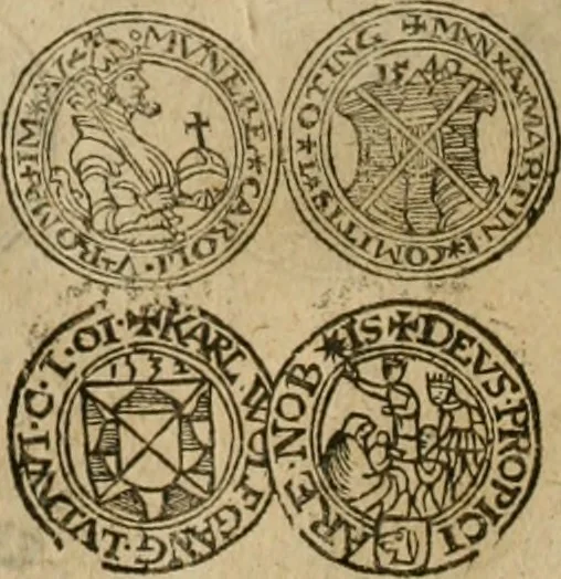 An illustration from Ordonnancie ende instructie naer de welcke voort-aen hen moeten reguleren die ghesworen wisselaers ofte collecteurs vande goude ende silvere penningen, wesende verboden, gheschroyt, te licht oft te seer versleten, ende oversulex verclaert ende ghehouden voor billoen, daer toe geoommitteert om de selve te leveren inde munten van Sijne Majesteyt, ende al daer bekeert te worden in penninghen van hunnen slaghe, 1633, leaf 117