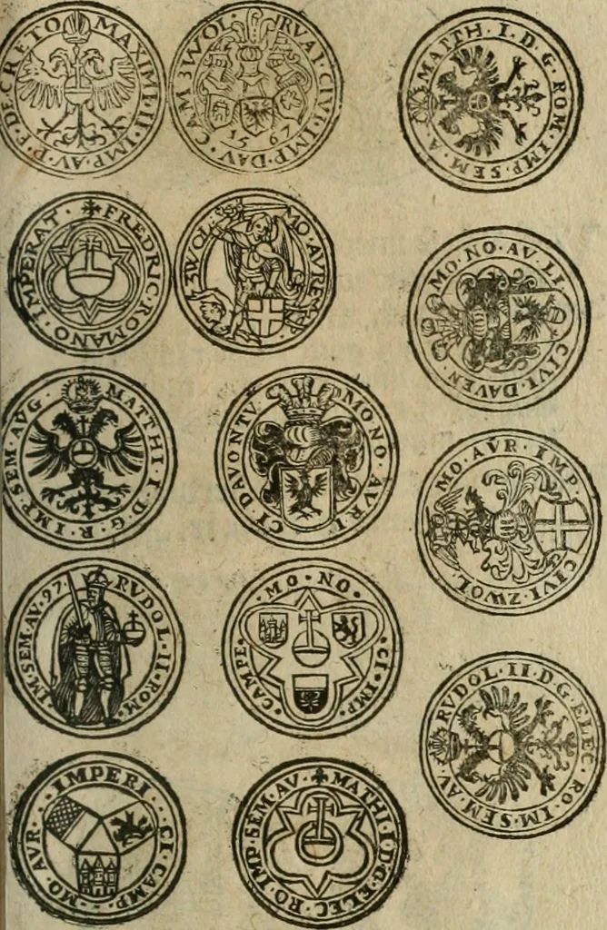 An illustration from Ordonnancie ende instructie naer de welcke voort-aen hen moeten reguleren die ghesworen wisselaers ofte collecteurs vande goude ende silvere penningen, wesende verboden, gheschroyt, te licht oft te seer versleten, ende oversulex verclaert ende ghehouden voor billoen, daer toe geoommitteert om de selve te leveren inde munten van Sijne Majesteyt, ende al daer bekeert te worden in penninghen van hunnen slaghe, 1633, leaf 128