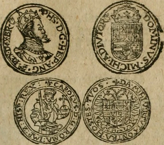 An illustration from Ordonnancie ende instructie naer de welcke voort-aen hen moeten reguleren die ghesworen wisselaers ofte collecteurs vande goude ende silvere penningen, wesende verboden, gheschroyt, te licht oft te seer versleten, ende oversulex verclaert ende ghehouden voor billoen, daer toe geoommitteert om de selve te leveren inde munten van Sijne Majesteyt, ende al daer bekeert te worden in penninghen van hunnen slaghe, 1633, leaf 142
