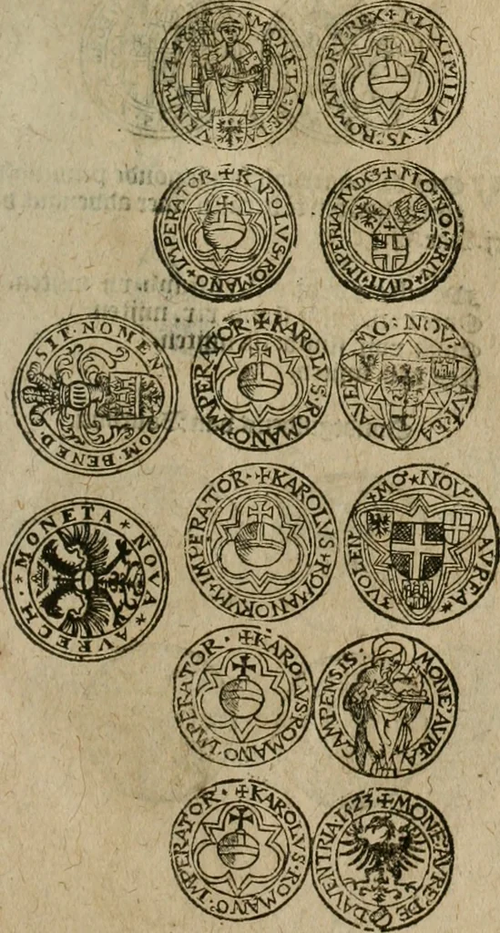 An illustration from Ordonnancie ende instructie naer de welcke voort-aen hen moeten reguleren die ghesworen wisselaers ofte collecteurs vande goude ende silvere penningen, wesende verboden, gheschroyt, te licht oft te seer versleten, ende oversulex verclaert ende ghehouden voor billoen, daer toe geoommitteert om de selve te leveren inde munten van Sijne Majesteyt, ende al daer bekeert te worden in penninghen van hunnen slaghe, 1633, leaf 142