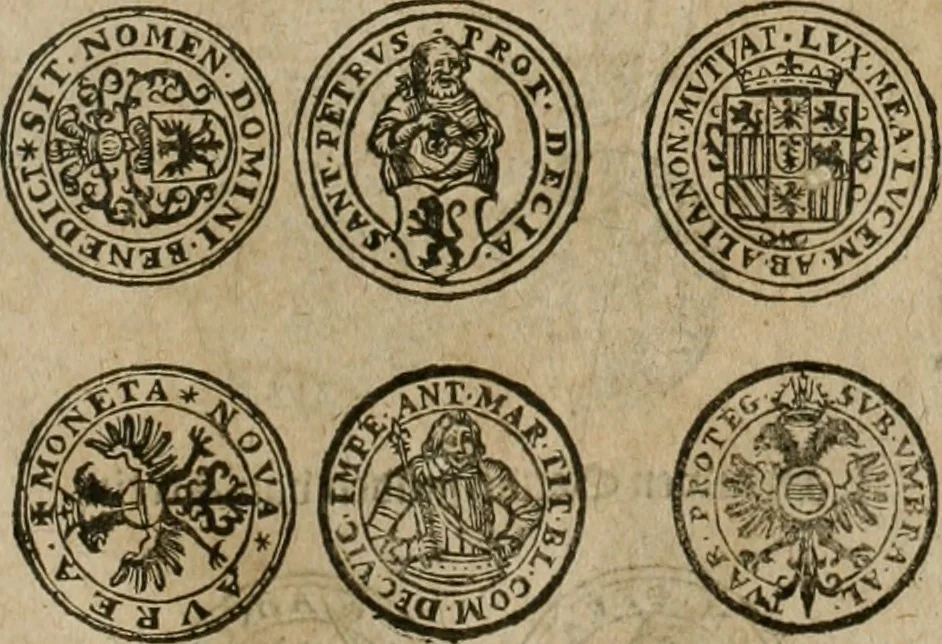 An illustration from Ordonnancie ende instructie naer de welcke voort-aen hen moeten reguleren die ghesworen wisselaers ofte collecteurs vande goude ende silvere penningen, wesende verboden, gheschroyt, te licht oft te seer versleten, ende oversulex verclaert ende ghehouden voor billoen, daer toe geoommitteert om de selve te leveren inde munten van Sijne Majesteyt, ende al daer bekeert te worden in penninghen van hunnen slaghe, 1633, leaf 144