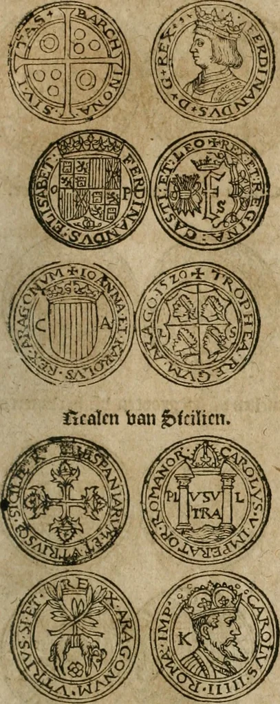 An illustration from Ordonnancie ende instructie naer de welcke voort-aen hen moeten reguleren die ghesworen wisselaers ofte collecteurs vande goude ende silvere penningen, wesende verboden, gheschroyt, te licht oft te seer versleten, ende oversulex verclaert ende ghehouden voor billoen, daer toe geoommitteert om de selve te leveren inde munten van Sijne Majesteyt, ende al daer bekeert te worden in penninghen van hunnen slaghe, 1633, leaf 152