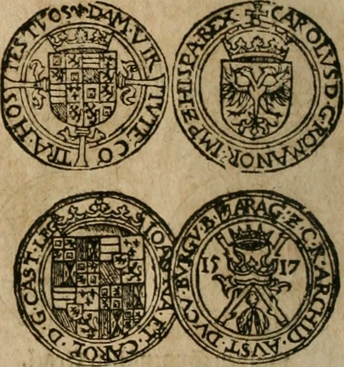 An illustration from Ordonnancie ende instructie naer de welcke voort-aen hen moeten reguleren die ghesworen wisselaers ofte collecteurs vande goude ende silvere penningen, wesende verboden, gheschroyt, te licht oft te seer versleten, ende oversulex verclaert ende ghehouden voor billoen, daer toe geoommitteert om de selve te leveren inde munten van Sijne Majesteyt, ende al daer bekeert te worden in penninghen van hunnen slaghe, 1633, leaf 153