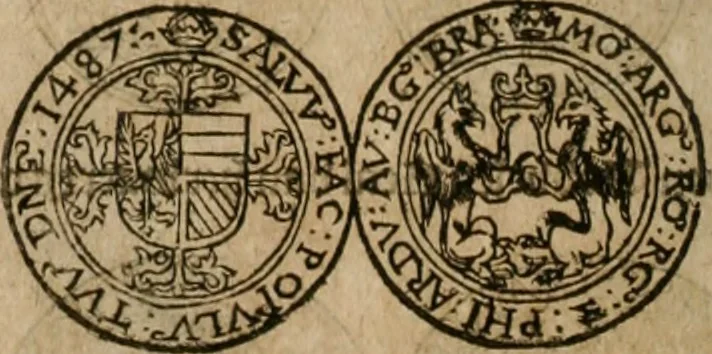 An illustration from Ordonnancie ende instructie naer de welcke voort-aen hen moeten reguleren die ghesworen wisselaers ofte collecteurs vande goude ende silvere penningen, wesende verboden, gheschroyt, te licht oft te seer versleten, ende oversulex verclaert ende ghehouden voor billoen, daer toe geoommitteert om de selve te leveren inde munten van Sijne Majesteyt, ende al daer bekeert te worden in penninghen van hunnen slaghe, 1633, leaf 153