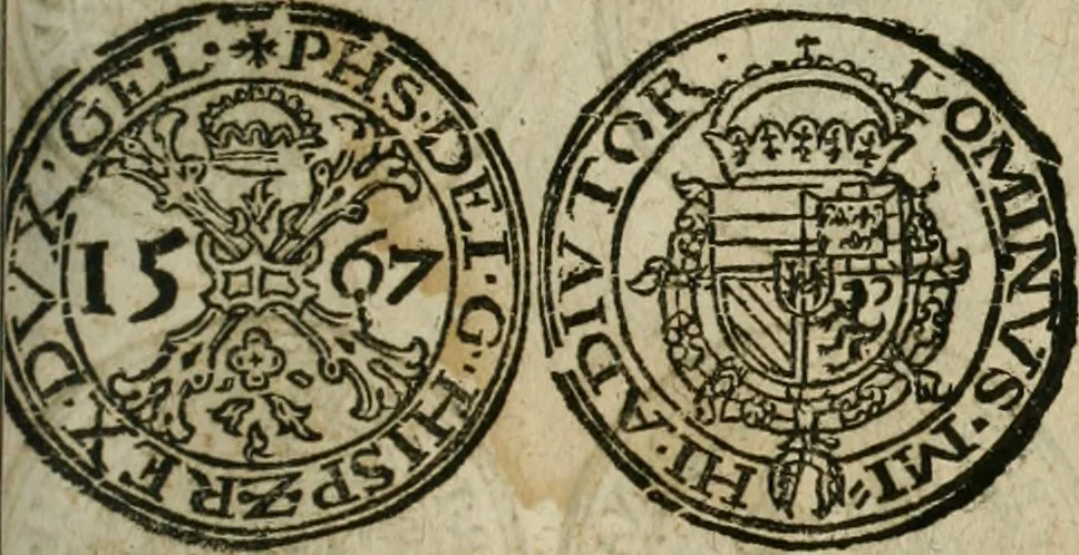 An illustration from Ordonnancie ende instructie naer de welcke voort-aen hen moeten reguleren die ghesworen wisselaers ofte collecteurs vande goude ende silvere penningen, wesende verboden, gheschroyt, te licht oft te seer versleten, ende oversulex verclaert ende ghehouden voor billoen, daer toe geoommitteert om de selve te leveren inde munten van Sijne Majesteyt, ende al daer bekeert te worden in penninghen van hunnen slaghe, 1633, leaf 168