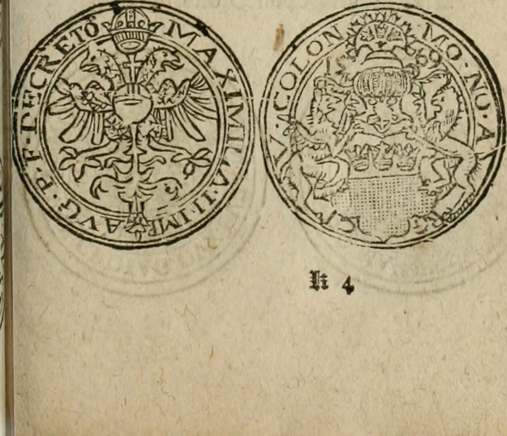 An illustration from Ordonnancie ende instructie naer de welcke voort-aen hen moeten reguleren die ghesworen wisselaers ofte collecteurs vande goude ende silvere penningen, wesende verboden, gheschroyt, te licht oft te seer versleten, ende oversulex verclaert ende ghehouden voor billoen, daer toe geoommitteert om de selve te leveren inde munten van Sijne Majesteyt, ende al daer bekeert te worden in penninghen van hunnen slaghe, 1633, leaf 170