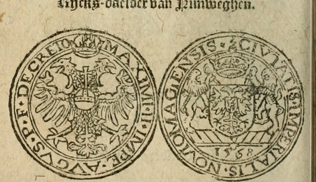 An illustration from Ordonnancie ende instructie naer de welcke voort-aen hen moeten reguleren die ghesworen wisselaers ofte collecteurs vande goude ende silvere penningen, wesende verboden, gheschroyt, te licht oft te seer versleten, ende oversulex verclaert ende ghehouden voor billoen, daer toe geoommitteert om de selve te leveren inde munten van Sijne Majesteyt, ende al daer bekeert te worden in penninghen van hunnen slaghe, 1633, leaf 187