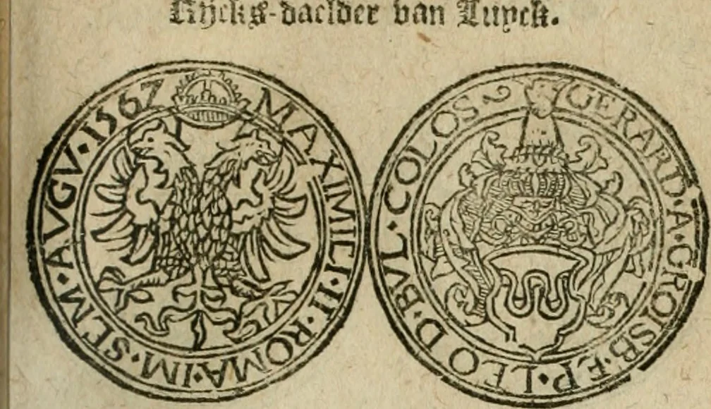 An illustration from Ordonnancie ende instructie naer de welcke voort-aen hen moeten reguleren die ghesworen wisselaers ofte collecteurs vande goude ende silvere penningen, wesende verboden, gheschroyt, te licht oft te seer versleten, ende oversulex verclaert ende ghehouden voor billoen, daer toe geoommitteert om de selve te leveren inde munten van Sijne Majesteyt, ende al daer bekeert te worden in penninghen van hunnen slaghe, 1633, leaf 188
