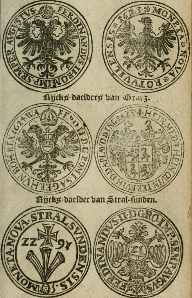 An illustration from Ordonnancie ende instructie naer de welcke voort-aen hen moeten reguleren die ghesworen wisselaers ofte collecteurs vande goude ende silvere penningen, wesende verboden, gheschroyt, te licht oft te seer versleten, ende oversulex verclaert ende ghehouden voor billoen, daer toe geoommitteert om de selve te leveren inde munten van Sijne Majesteyt, ende al daer bekeert te worden in penninghen van hunnen slaghe, 1633, leaf 194