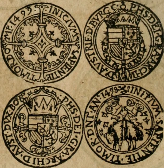 An illustration from Ordonnancie ende instructie naer de welcke voort-aen hen moeten reguleren die ghesworen wisselaers ofte collecteurs vande goude ende silvere penningen, wesende verboden, gheschroyt, te licht oft te seer versleten, ende oversulex verclaert ende ghehouden voor billoen, daer toe geoommitteert om de selve te leveren inde munten van Sijne Majesteyt, ende al daer bekeert te worden in penninghen van hunnen slaghe, 1633, leaf 197