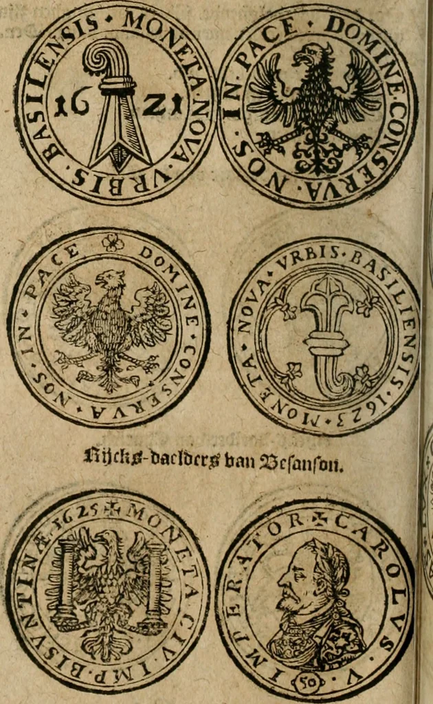 An illustration from Ordonnancie ende instructie naer de welcke voort-aen hen moeten reguleren die ghesworen wisselaers ofte collecteurs vande goude ende silvere penningen, wesende verboden, gheschroyt, te licht oft te seer versleten, ende oversulex verclaert ende ghehouden voor billoen, daer toe geoommitteert om de selve te leveren inde munten van Sijne Majesteyt, ende al daer bekeert te worden in penninghen van hunnen slaghe, 1633, leaf 199
