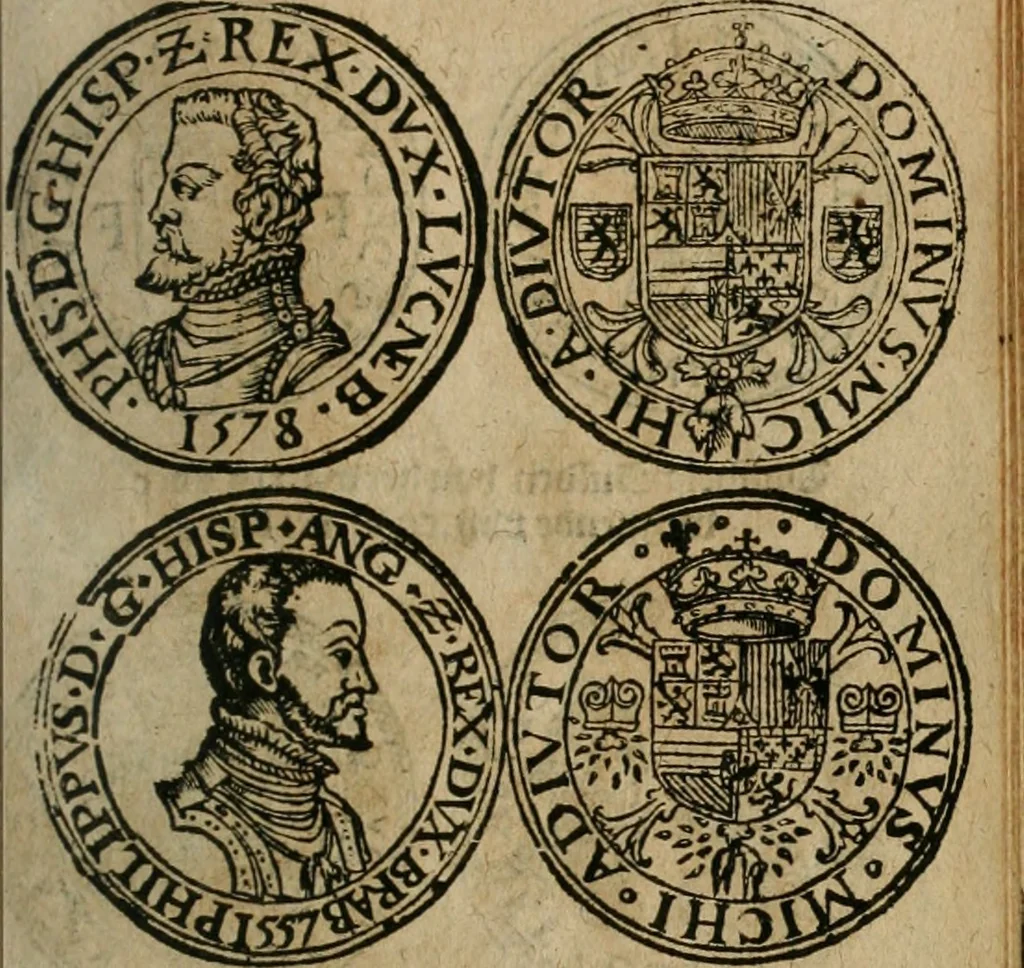 An illustration from Ordonnancie ende instructie naer de welcke voort-aen hen moeten reguleren die ghesworen wisselaers ofte collecteurs vande goude ende silvere penningen, wesende verboden, gheschroyt, te licht oft te seer versleten, ende oversulex verclaert ende ghehouden voor billoen, daer toe geoommitteert om de selve te leveren inde munten van Sijne Majesteyt, ende al daer bekeert te worden in penninghen van hunnen slaghe, 1633, leaf 204