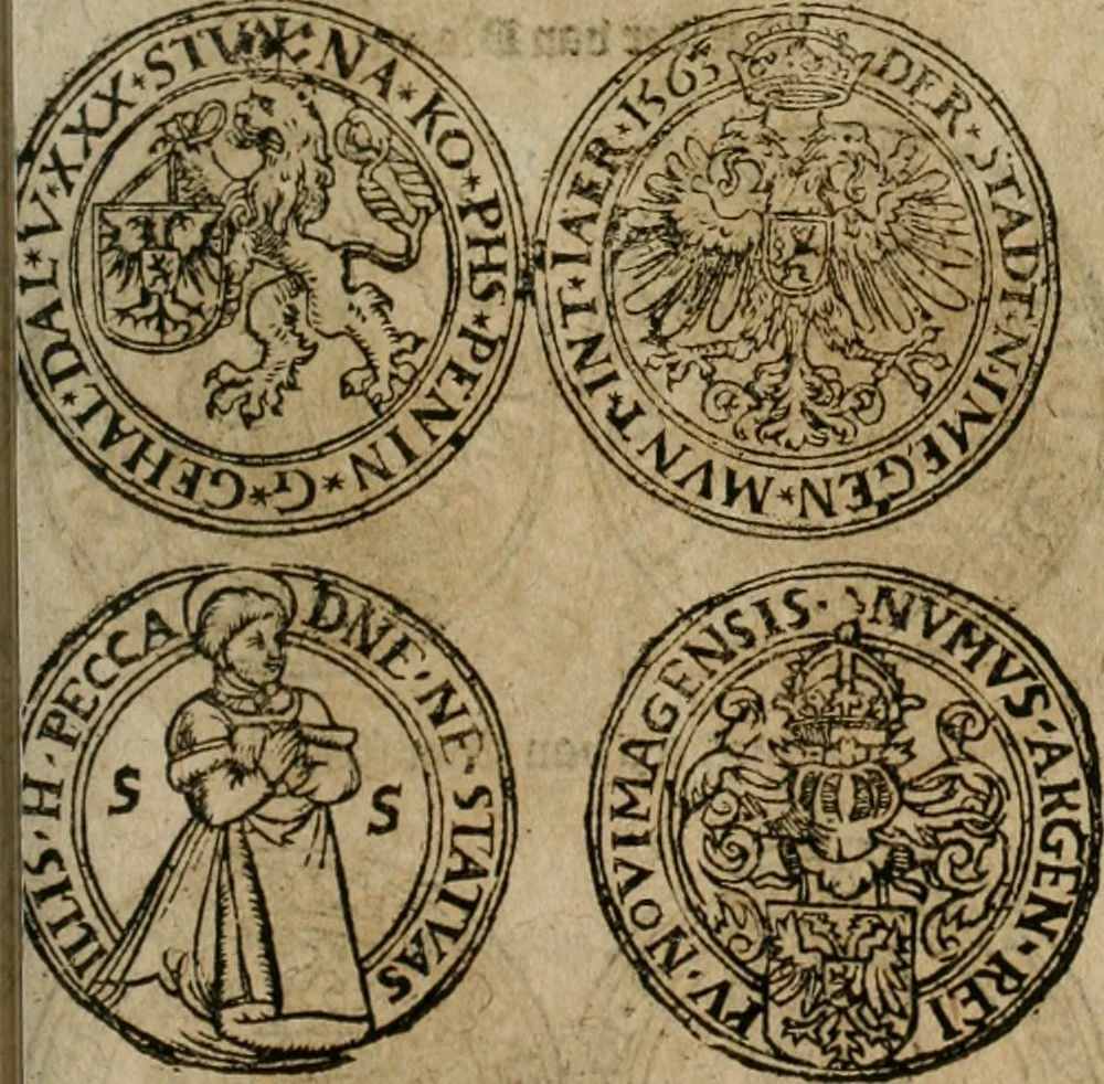 An illustration from Ordonnancie ende instructie naer de welcke voort-aen hen moeten reguleren die ghesworen wisselaers ofte collecteurs vande goude ende silvere penningen, wesende verboden, gheschroyt, te licht oft te seer versleten, ende oversulex verclaert ende ghehouden voor billoen, daer toe geoommitteert om de selve te leveren inde munten van Sijne Majesteyt, ende al daer bekeert te worden in penninghen van hunnen slaghe, 1633, leaf 208