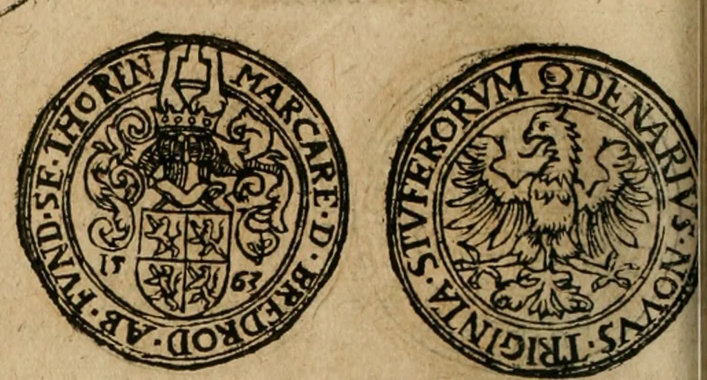 An illustration from Ordonnancie ende instructie naer de welcke voort-aen hen moeten reguleren die ghesworen wisselaers ofte collecteurs vande goude ende silvere penningen, wesende verboden, gheschroyt, te licht oft te seer versleten, ende oversulex verclaert ende ghehouden voor billoen, daer toe geoommitteert om de selve te leveren inde munten van Sijne Majesteyt, ende al daer bekeert te worden in penninghen van hunnen slaghe, 1633, leaf 209
