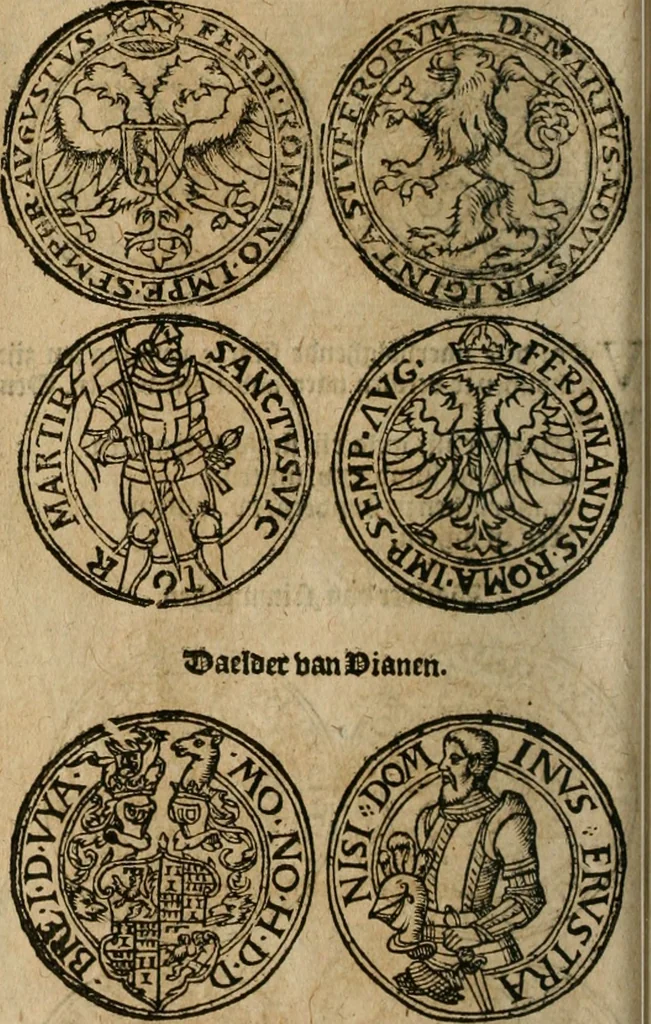 An illustration from Ordonnancie ende instructie naer de welcke voort-aen hen moeten reguleren die ghesworen wisselaers ofte collecteurs vande goude ende silvere penningen, wesende verboden, gheschroyt, te licht oft te seer versleten, ende oversulex verclaert ende ghehouden voor billoen, daer toe geoommitteert om de selve te leveren inde munten van Sijne Majesteyt, ende al daer bekeert te worden in penninghen van hunnen slaghe, 1633, leaf 209