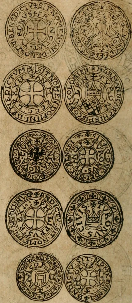 An illustration from Ordonnancie ende instructie naer de welcke voort-aen hen moeten reguleren die ghesworen wisselaers ofte collecteurs vande goude ende silvere penningen, wesende verboden, gheschroyt, te licht oft te seer versleten, ende oversulex verclaert ende ghehouden voor billoen, daer toe geoommitteert om de selve te leveren inde munten van Sijne Majesteyt, ende al daer bekeert te worden in penninghen van hunnen slaghe, 1633, leaf 211