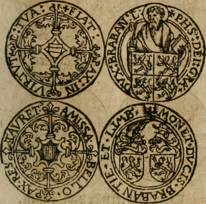 An illustration from Ordonnancie ende instructie naer de welcke voort-aen hen moeten reguleren die ghesworen wisselaers ofte collecteurs vande goude ende silvere penningen, wesende verboden, gheschroyt, te licht oft te seer versleten, ende oversulex verclaert ende ghehouden voor billoen, daer toe geoommitteert om de selve te leveren inde munten van Sijne Majesteyt, ende al daer bekeert te worden in penninghen van hunnen slaghe, 1633, leaf 212