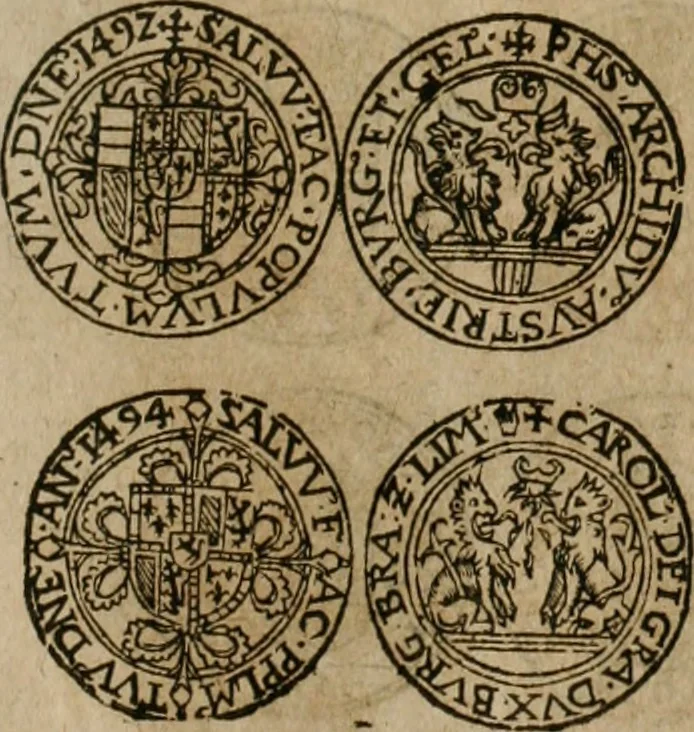 An illustration from Ordonnancie ende instructie naer de welcke voort-aen hen moeten reguleren die ghesworen wisselaers ofte collecteurs vande goude ende silvere penningen, wesende verboden, gheschroyt, te licht oft te seer versleten, ende oversulex verclaert ende ghehouden voor billoen, daer toe geoommitteert om de selve te leveren inde munten van Sijne Majesteyt, ende al daer bekeert te worden in penninghen van hunnen slaghe, 1633, leaf 212