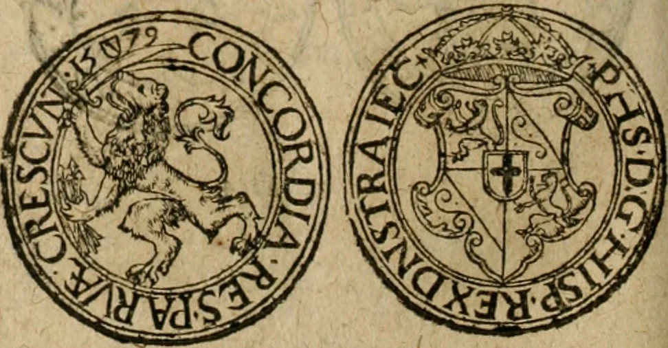An illustration from Ordonnancie ende instructie naer de welcke voort-aen hen moeten reguleren die ghesworen wisselaers ofte collecteurs vande goude ende silvere penningen, wesende verboden, gheschroyt, te licht oft te seer versleten, ende oversulex verclaert ende ghehouden voor billoen, daer toe geoommitteert om de selve te leveren inde munten van Sijne Majesteyt, ende al daer bekeert te worden in penninghen van hunnen slaghe, 1633, leaf 219