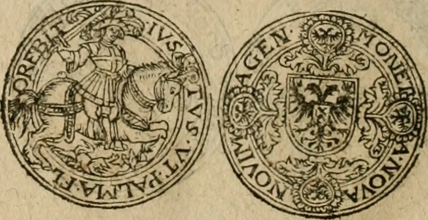 An illustration from Ordonnancie ende instructie naer de welcke voort-aen hen moeten reguleren die ghesworen wisselaers ofte collecteurs vande goude ende silvere penningen, wesende verboden, gheschroyt, te licht oft te seer versleten, ende oversulex verclaert ende ghehouden voor billoen, daer toe geoommitteert om de selve te leveren inde munten van Sijne Majesteyt, ende al daer bekeert te worden in penninghen van hunnen slaghe, 1633, leaf 233