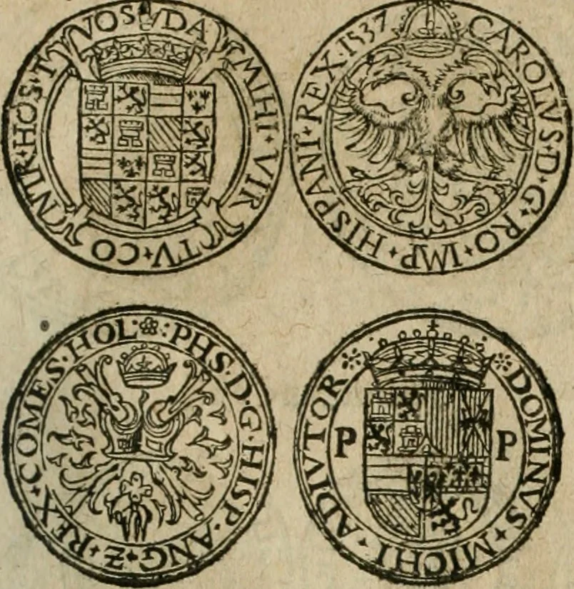 An illustration from Ordonnancie ende instructie naer de welcke voort-aen hen moeten reguleren die ghesworen wisselaers ofte collecteurs vande goude ende silvere penningen, wesende verboden, gheschroyt, te licht oft te seer versleten, ende oversulex verclaert ende ghehouden voor billoen, daer toe geoommitteert om de selve te leveren inde munten van Sijne Majesteyt, ende al daer bekeert te worden in penninghen van hunnen slaghe, 1633, leaf 238