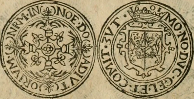 An illustration from Ordonnancie ende instructie naer de welcke voort-aen hen moeten reguleren die ghesworen wisselaers ofte collecteurs vande goude ende silvere penningen, wesende verboden, gheschroyt, te licht oft te seer versleten, ende oversulex verclaert ende ghehouden voor billoen, daer toe geoommitteert om de selve te leveren inde munten van Sijne Majesteyt, ende al daer bekeert te worden in penninghen van hunnen slaghe, 1633, leaf 239