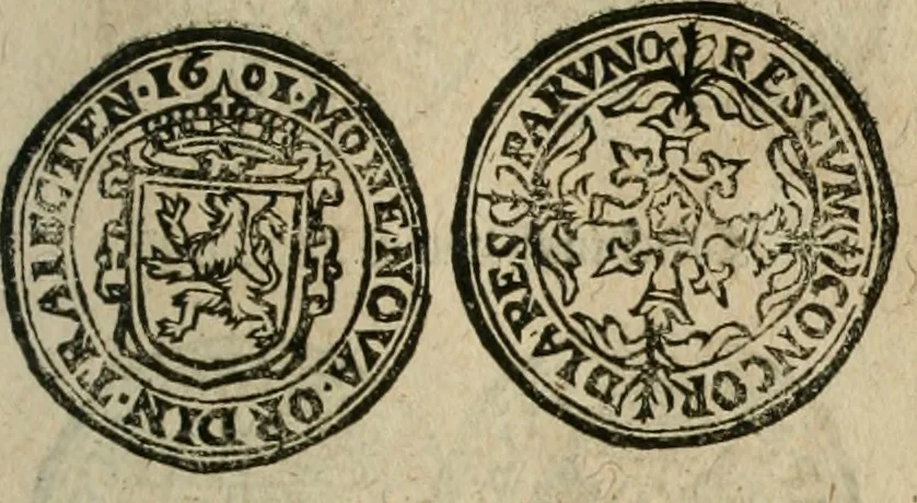 An illustration from Ordonnancie ende instructie naer de welcke voort-aen hen moeten reguleren die ghesworen wisselaers ofte collecteurs vande goude ende silvere penningen, wesende verboden, gheschroyt, te licht oft te seer versleten, ende oversulex verclaert ende ghehouden voor billoen, daer toe geoommitteert om de selve te leveren inde munten van Sijne Majesteyt, ende al daer bekeert te worden in penninghen van hunnen slaghe, 1633, leaf 240