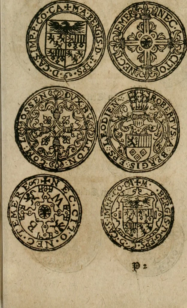 An illustration from Ordonnancie ende instructie naer de welcke voort-aen hen moeten reguleren die ghesworen wisselaers ofte collecteurs vande goude ende silvere penningen, wesende verboden, gheschroyt, te licht oft te seer versleten, ende oversulex verclaert ende ghehouden voor billoen, daer toe geoommitteert om de selve te leveren inde munten van Sijne Majesteyt, ende al daer bekeert te worden in penninghen van hunnen slaghe, 1633, leaf 246