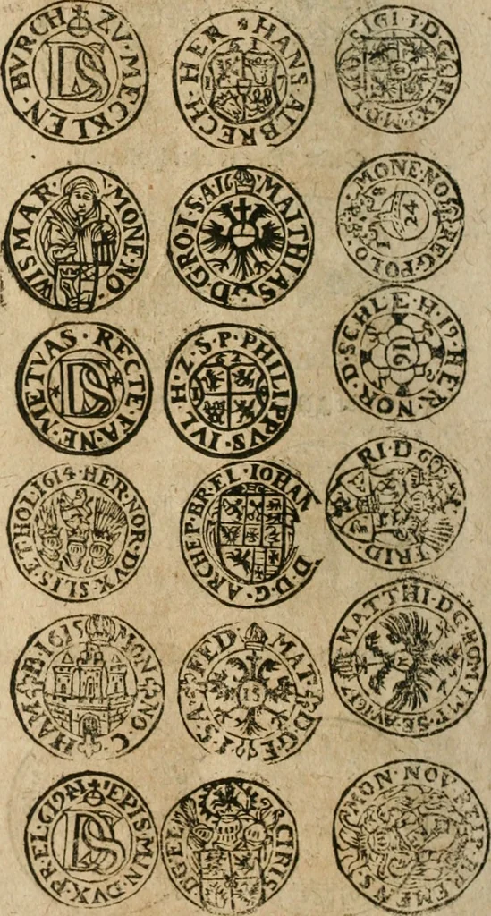 An illustration from Ordonnancie ende instructie naer de welcke voort-aen hen moeten reguleren die ghesworen wisselaers ofte collecteurs vande goude ende silvere penningen, wesende verboden, gheschroyt, te licht oft te seer versleten, ende oversulex verclaert ende ghehouden voor billoen, daer toe geoommitteert om de selve te leveren inde munten van Sijne Majesteyt, ende al daer bekeert te worden in penninghen van hunnen slaghe, 1633, leaf 253