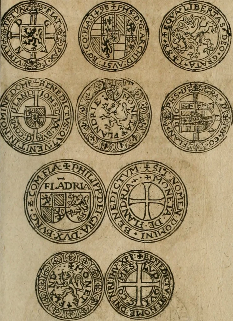 An illustration from Ordonnancie ende instructie naer de welcke voort-aen hen moeten reguleren die ghesworen wisselaers ofte collecteurs vande goude ende silvere penningen, wesende verboden, gheschroyt, te licht oft te seer versleten, ende oversulex verclaert ende ghehouden voor billoen, daer toe geoommitteert om de selve te leveren inde munten van Sijne Majesteyt, ende al daer bekeert te worden in penninghen van hunnen slaghe, 1633, leaf 256