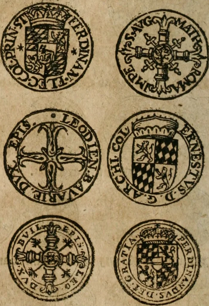 An illustration from Ordonnancie ende instructie naer de welcke voort-aen hen moeten reguleren die ghesworen wisselaers ofte collecteurs vande goude ende silvere penningen, wesende verboden, gheschroyt, te licht oft te seer versleten, ende oversulex verclaert ende ghehouden voor billoen, daer toe geoommitteert om de selve te leveren inde munten van Sijne Majesteyt, ende al daer bekeert te worden in penninghen van hunnen slaghe, 1633, leaf 257